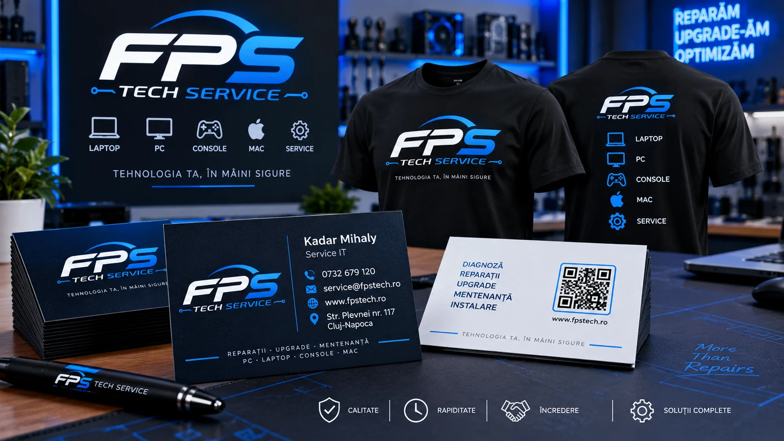 Identitatea FPS Tech Service aplicată pe tricouri, cărți de vizită și materiale pentru service IT