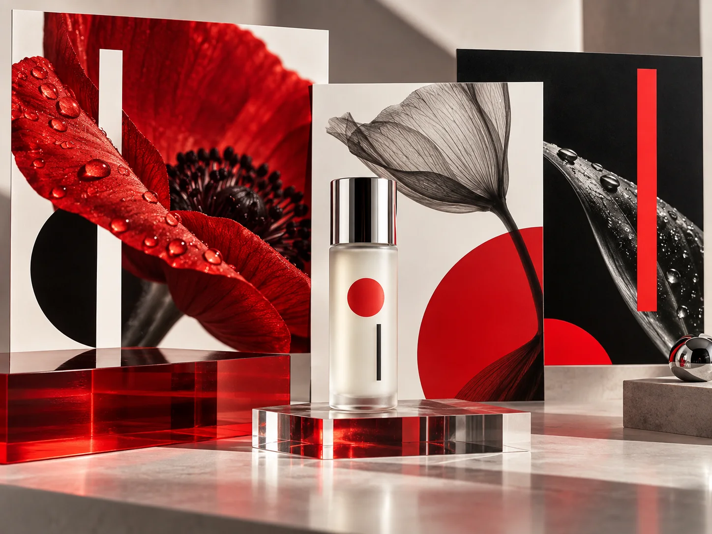 Direcție artistică roșu, alb și negru pentru o campanie de cosmetice