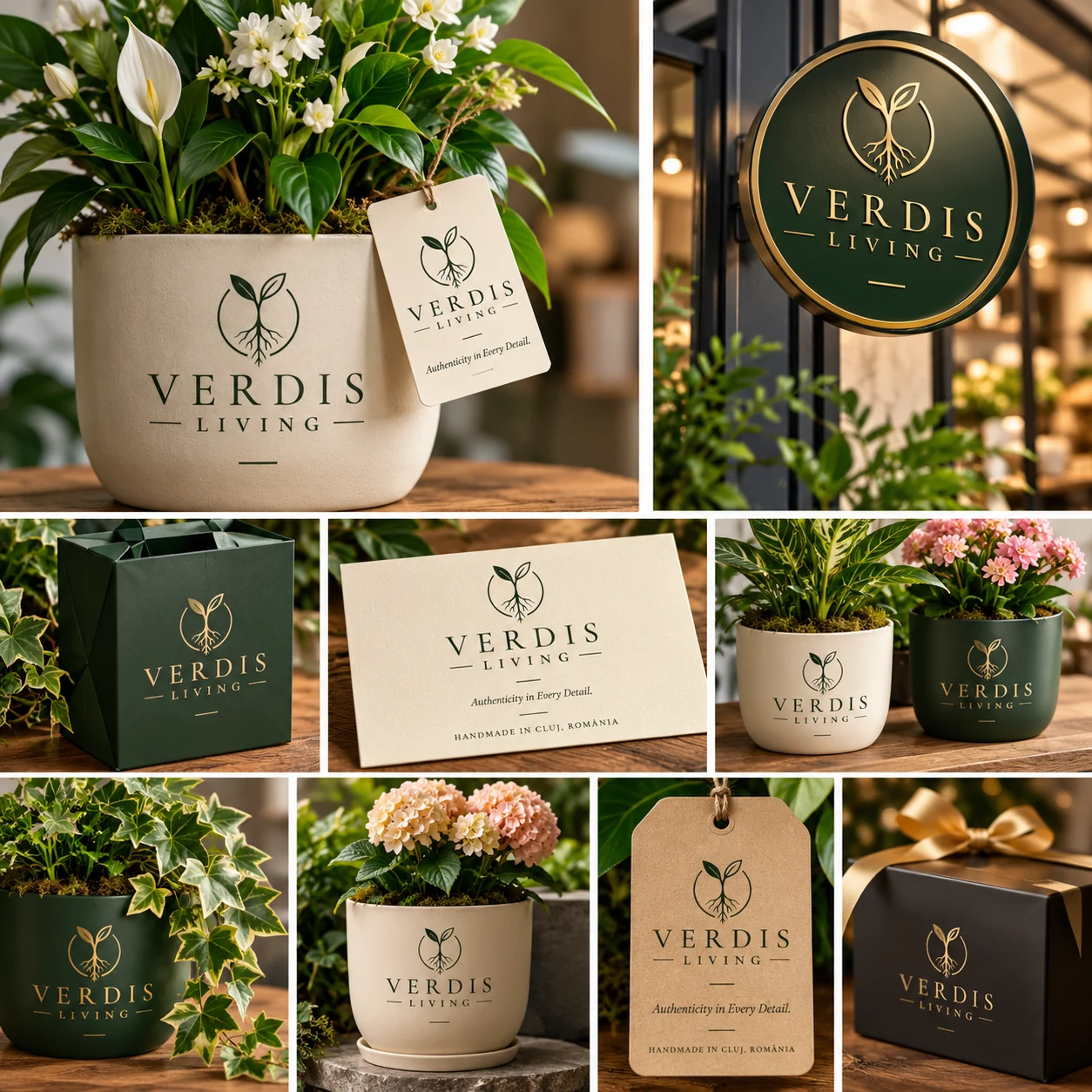 Colaj Verdis Living cu logo aplicat pe ghivece, ambalaje, etichete, carte de vizită și firmă
